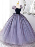 Purple Tulle and Velvet Floor Length Prom Dress, Beautiful A-Line Short Sleeve Party Dress HZ0429