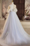 A-Line Tulle Floor Length Prom Dress, Off the Shoulder Blue Evening Party Dress HZ0429