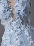 Light Blue Tulle Lace Long Prom Dress, Beautiful A-Line Evening Party Dress HZ0429
