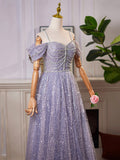 Shiny Tulle Sequins Long Prom Dress, A-Line Off the Shoulder Evening Party Dress HZ0429
