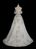 A-Line Tulle Floral Lace Long Prom Dress, White Off the Shoulder Evening Party Dress HZ0429