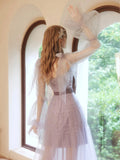 Purple Tulle Beaded Long Prom Dress, Beautiful Long Sleeve Evening Dress HZ0429