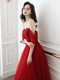 Dark Red Sweetheart Tulle Long Prom Dress, Beautiful A-Line Corset Evening Party Dress HZ0429