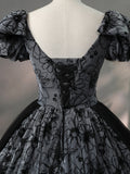 Beautiful Black Rhinestone Flower Prom Dress, Black V-Neck Short Sleeve Evening Dress HZ0429
