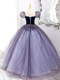 Purple Tulle and Velvet Floor Length Prom Dress, Beautiful A-Line Short Sleeve Party Dress HZ0429