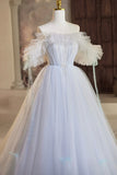 A-Line Tulle Floor Length Prom Dress, Off the Shoulder Blue Evening Party Dress HZ0429
