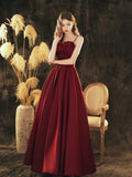 Burgundy Satin Beaded Long Prom Dress, Beautiful A-Line Evening Party Dress HZ0429
