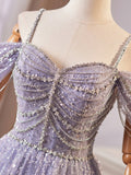 Shiny Tulle Sequins Long Prom Dress, A-Line Off the Shoulder Evening Party Dress HZ0429