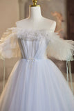 A-Line Tulle Floor Length Prom Dress, Off the Shoulder Blue Evening Party Dress HZ0429
