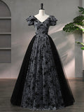 Beautiful Black Rhinestone Flower Prom Dress, Black V-Neck Short Sleeve Evening Dress HZ0429