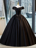 Black A-Line Floor Length Prom Dress with Pearl, Off the Shoulder Evening Party Dress HZ0429