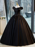 Black A-Line Floor Length Prom Dress with Pearl, Off the Shoulder Evening Party Dress HZ0429