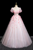 Pink Fairy Tulle and Flowers Long Prom Dress, Beautiful Short Sleeve Party Dress HZ0429
