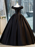 Black A-Line Floor Length Prom Dress with Pearl, Off the Shoulder Evening Party Dress HZ0429
