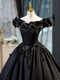 Black A-Line Floor Length Prom Dress with Pearl, Off the Shoulder Evening Party Dress HZ0429