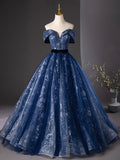 Navy Blue Glitter Printing Prom Dress, A-Line Off the Shoulder Evening Party Dress HZ0429
