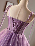 Purple Tulle A-Line Knee Length Party Dress, Lovely Spaghetti Strap Evening Prom Dress HZ0429