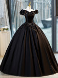 Black A-Line Floor Length Prom Dress with Pearl, Off the Shoulder Evening Party Dress HZ0429