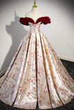 Beautiful Floral Satin Sweetheart Off Shoulder Prom Dress, Burgundy Long Satin Backless Party Dress HZ0429