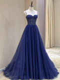 Blue Spaghetti Straps Tulle Beaded Long Formal Dress, Blue A-Line Evening Dress with Corset HZ0429