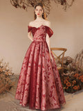 Beautiful Burgundy Sequins Printing Floor Length Prom Dress, Off the Shoulder Evening Party Dress HZ0429