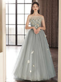 Gray Tulle Strapless Long Prom Dress, Lovely A-Line Sweetheart Neck Party Dress HZ0429