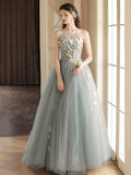 Gray Tulle Strapless Long Prom Dress, Lovely A-Line Sweetheart Neck Party Dress HZ0429