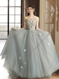 Gray Tulle Strapless Long Prom Dress, Lovely A-Line Sweetheart Neck Party Dress HZ0429