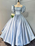 Blue Satin Floor Length Prom Dress, A-Line Short Sleeve Evening Party Dress HZ0429