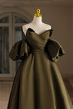Green Satin Floor Length Prom Dress, A-Line Puffy Short Sleeve Evening Party Dress HZ0429
