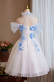 White Tulle and Blue Flowers Short Party Dress, Off the Shoulder A-Line Homecoming Dress HZ0429