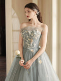 Gray Tulle Strapless Long Prom Dress, Lovely A-Line Sweetheart Neck Party Dress HZ0429