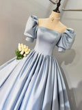 Blue Satin Floor Length Prom Dress, A-Line Short Sleeve Evening Party Dress HZ0429