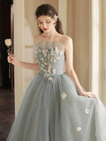 Gray Tulle Strapless Long Prom Dress, Lovely A-Line Sweetheart Neck Party Dress HZ0429