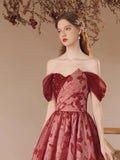 Beautiful Burgundy Sequins Printing Floor Length Prom Dress, Off the Shoulder Evening Party Dress HZ0429