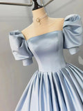 Blue Satin Floor Length Prom Dress, A-Line Short Sleeve Evening Party Dress HZ0429