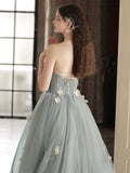 Gray Tulle Strapless Long Prom Dress, Lovely A-Line Sweetheart Neck Party Dress HZ0429