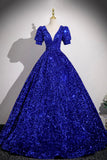 Blue V-Neck Sequins Long Prom Dress, Blue Short Sleeve Party Dress HZ0429