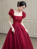 Beautiful Floor Length A-Line Prom Dress, Burgundy Tulle Evening Party Dress HZ0429