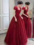 Beautiful Floor Length A-Line Prom Dress, Burgundy Tulle Evening Party Dress HZ0429