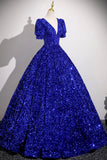 Blue V-Neck Sequins Long Prom Dress, Blue Short Sleeve Party Dress HZ0429