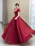 Beautiful Floor Length A-Line Prom Dress, Burgundy Tulle Evening Party Dress HZ0429