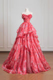 Red Floral Tulle Long Prom Dress, A-Line Sweetheart Neck Party Dress HZ0429