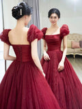 Beautiful Floor Length A-Line Prom Dress, Burgundy Tulle Evening Party Dress HZ0429