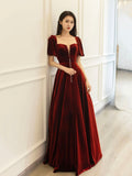 Burgundy Velvet Long Prom Dress, Elegant A-Line Short Sleeve Evening Party Dress HZ0429