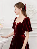 Burgundy Velvet Long Prom Dress, Elegant A-Line Short Sleeve Evening Party Dress HZ0429