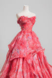 Red Floral Tulle Long Prom Dress, A-Line Sweetheart Neck Party Dress HZ0429
