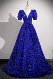 Blue V-Neck Sequins Long Prom Dress, Blue Short Sleeve Party Dress HZ0429