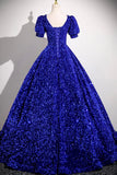 Blue V-Neck Sequins Long Prom Dress, Blue Short Sleeve Party Dress HZ0429