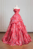 Red Floral Tulle Long Prom Dress, A-Line Sweetheart Neck Party Dress HZ0429